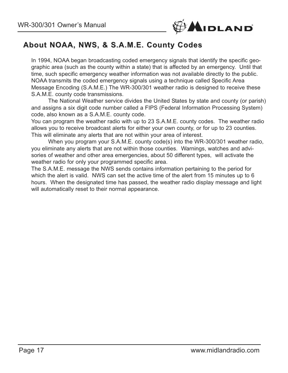 About noaa, nws, & s.a.m.e. county codes | Midland Radio WR-300/301 User Manual | Page 17 / 24