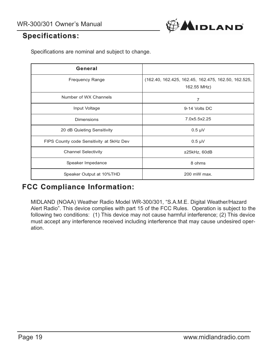 Specifications, Fcc compliance information | Midland Radio WR-300/301 User Manual | Page 19 / 24