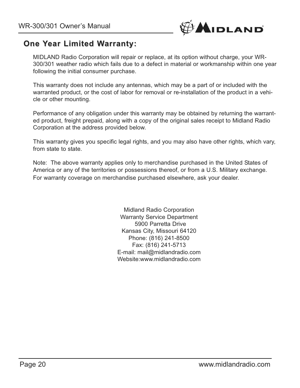 One year limited warranty | Midland Radio WR-300/301 User Manual | Page 20 / 24