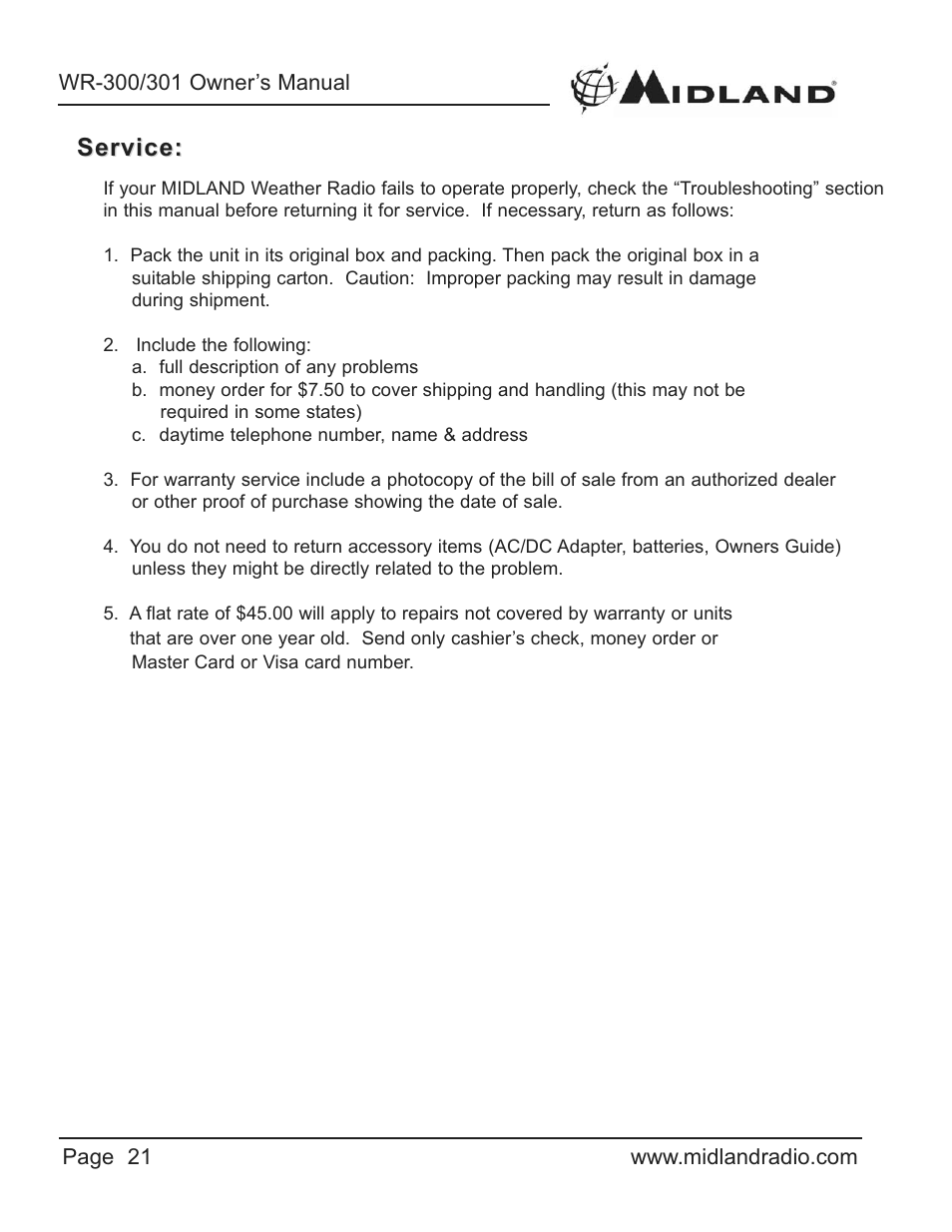 Service | Midland Radio WR-300/301 User Manual | Page 21 / 24