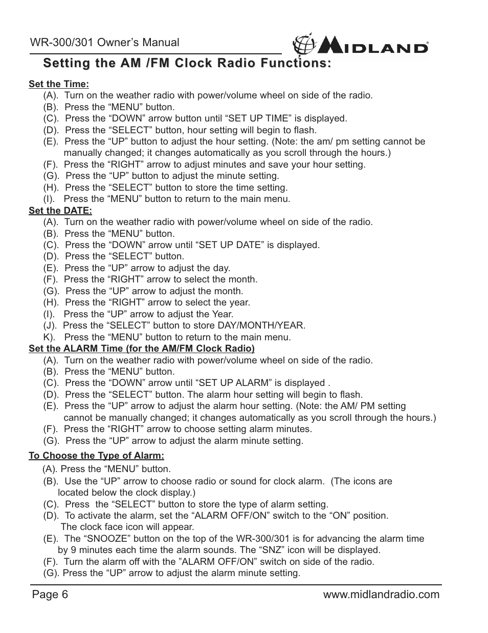 Setting the am /fm clock radio functions | Midland Radio WR-300/301 User Manual | Page 6 / 24