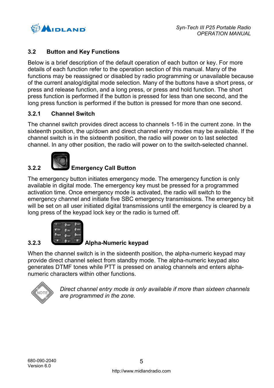 Button and key functions, Channel switch, Emergency call button | Alpha-numeric keypad, Syn-tech iii p25 portable radio | Midland Radio SYN-TECH III P25 User Manual | Page 13 / 76