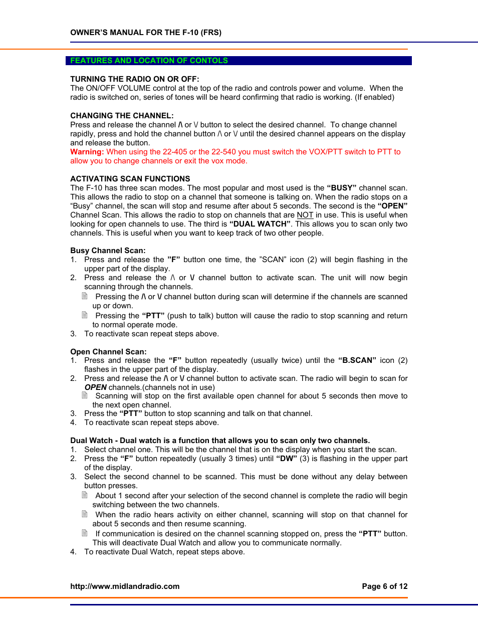 Features & location of controls, On/off radio, Changing the channel | Activating scan functions, Busy channel scan, Open channel scan, Dual watch | Midland Radio F-10 User Manual | Page 6 / 12
