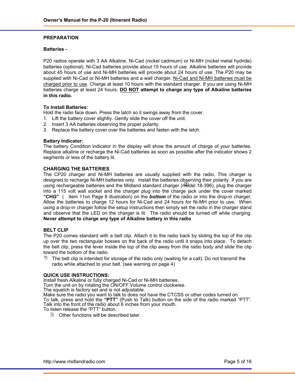 Charging the batteries, Belt clip | Midland Radio P-20 User Manual | Page 5 / 16