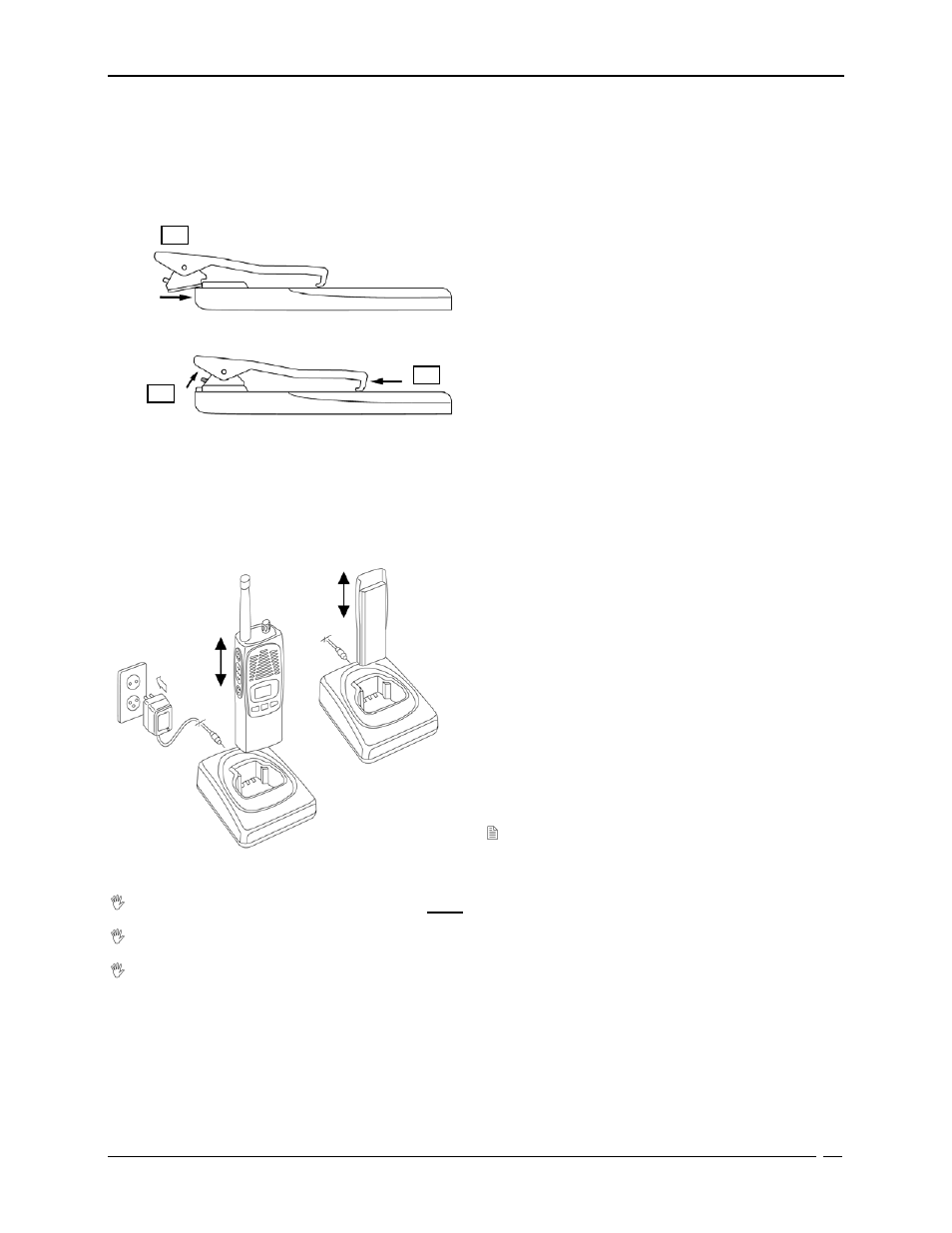Installing/removing the belt clip, Charging the battery pack, Nstalling | Removing the belt clip, Harging the battery pack | Midland Radio UHF HANDHELD TRANSCEIVER 70-440BP User Manual | Page 10 / 24