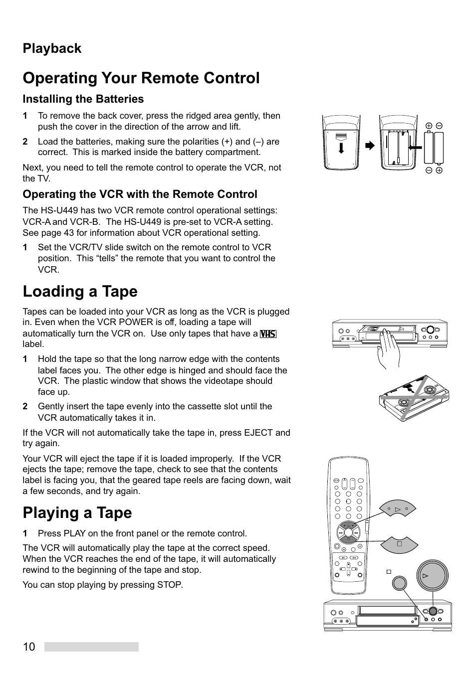 Operating your remote control, Loading a tape, Playing a tape | Playback, Installing the batteries, Operating the vcr with the remote control | Mitsumi electronic HS-U449 User Manual | Page 12 / 56