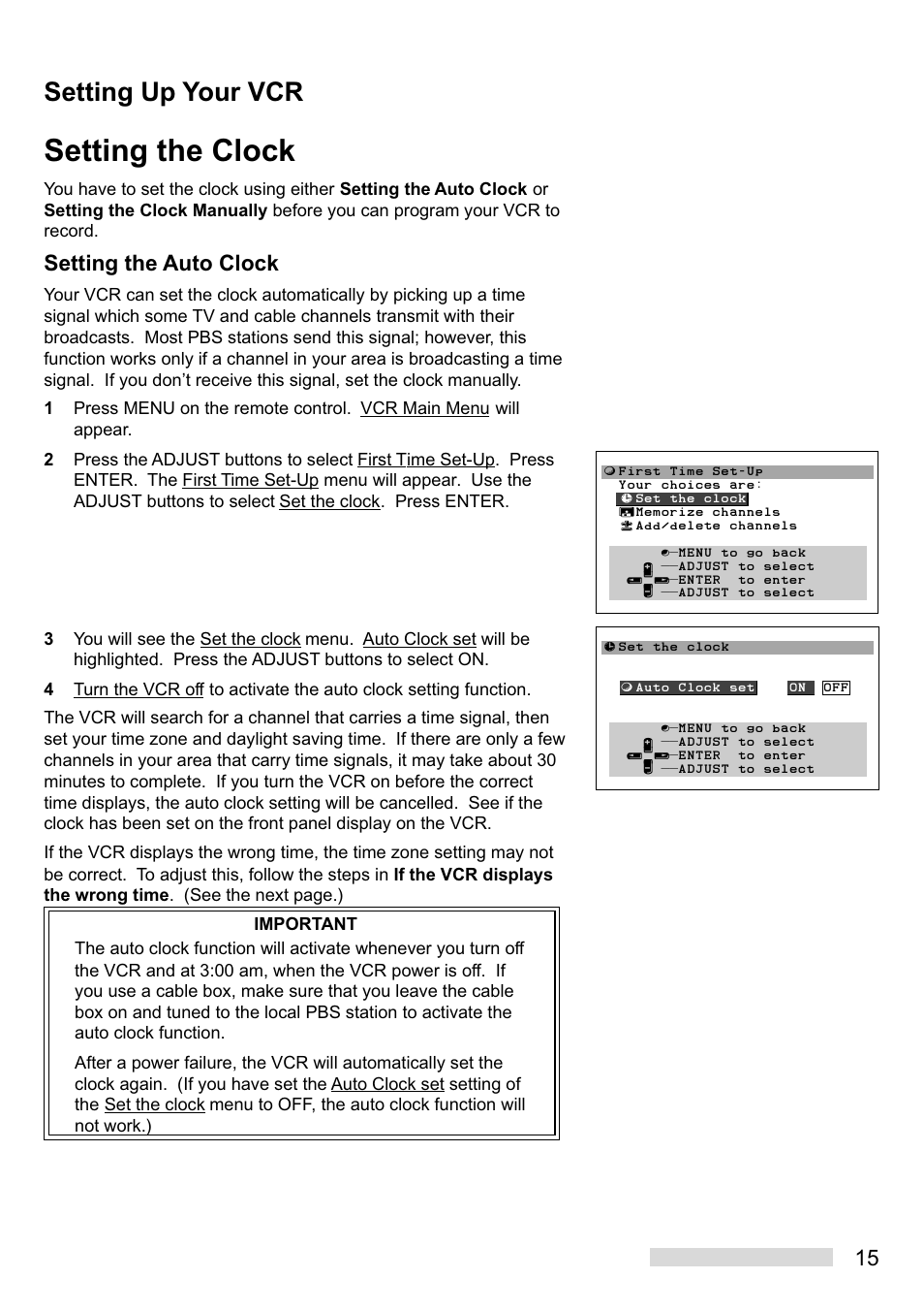 Setting the clock, Setting up your vcr, Setting the auto clock | Mitsumi electronic HS-U449 User Manual | Page 17 / 56