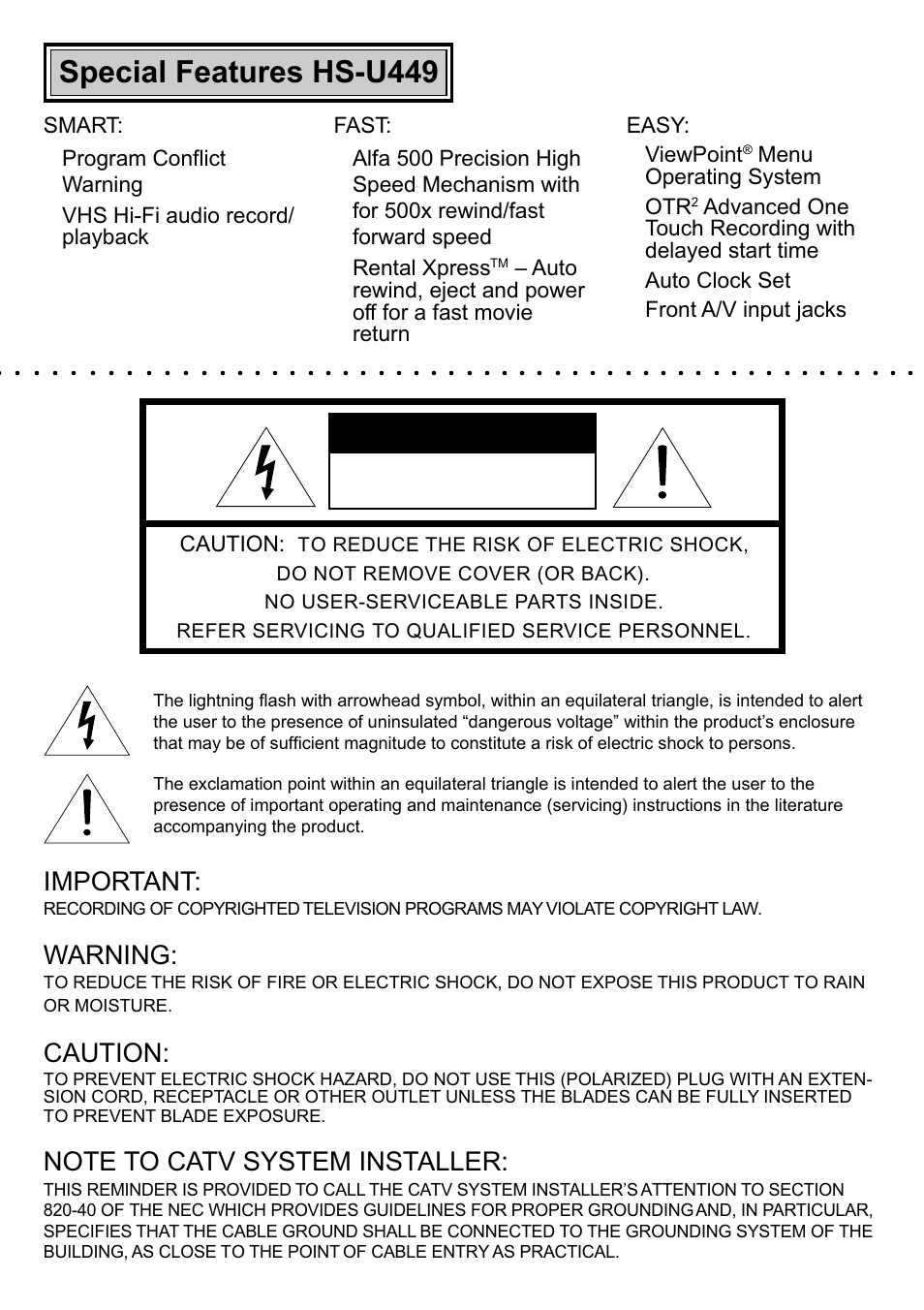 Special features hs-u449, Important, Warning | Caution, Easy: ♦ viewpoint, Menu operating system ♦ otr, Risk of electric shock do not open | Mitsumi electronic HS-U449 User Manual | Page 2 / 56
