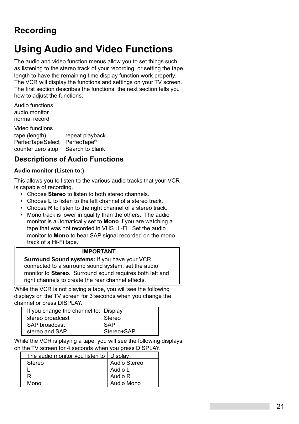 Using audio and video functions, Recording, Descriptions of audio functions | Mitsumi electronic HS-U449 User Manual | Page 23 / 56