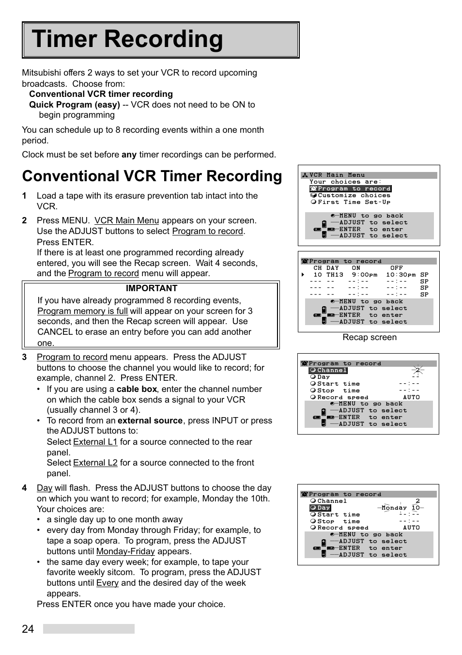 Timer recording, Conventional vcr timer recording, Recap screen | Mitsumi electronic HS-U449 User Manual | Page 26 / 56