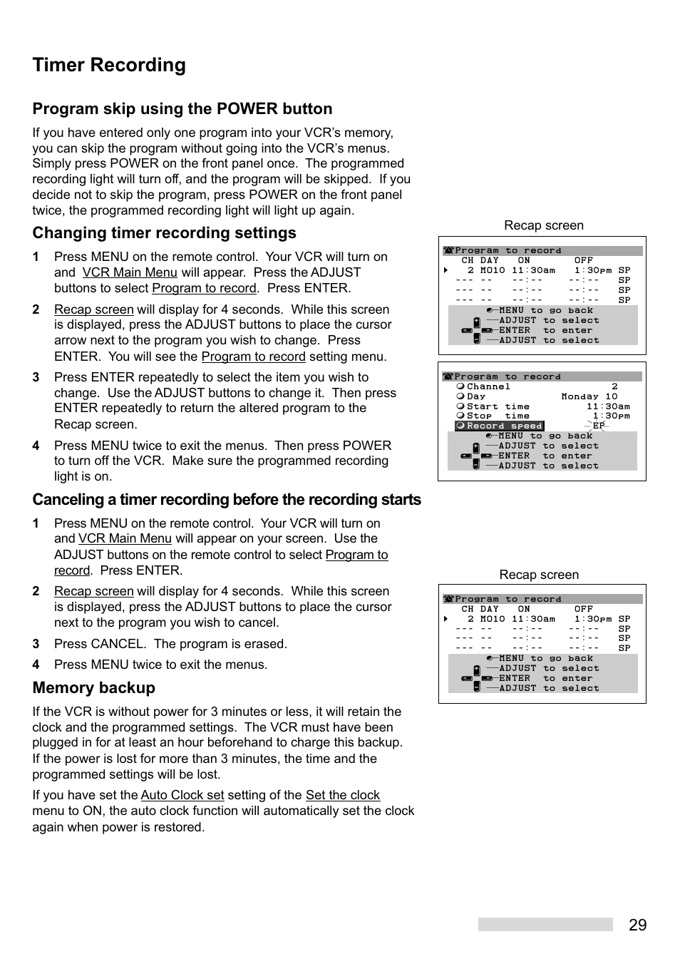 Timer recording, 29 program skip using the power button, Changing timer recording settings | Mitsumi electronic HS-U449 User Manual | Page 31 / 56