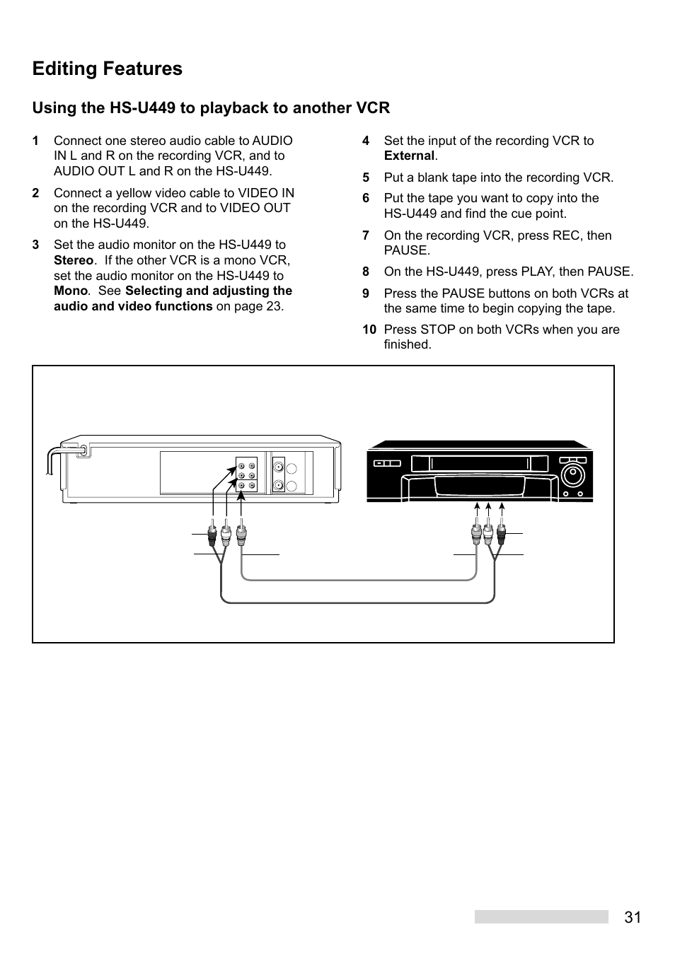 Editing features, Using the hs-u449 to playback to another vcr, Hs-u449 recording playback | Mitsumi electronic HS-U449 User Manual | Page 33 / 56