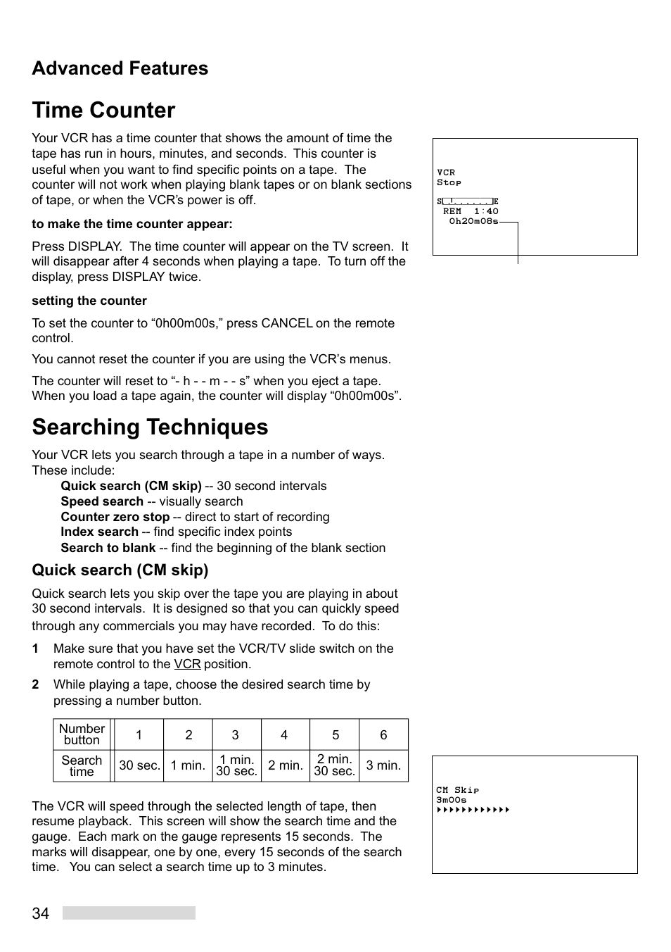 Time counter, Searching techniques, Advanced features | Quick search (cm skip) | Mitsumi electronic HS-U449 User Manual | Page 36 / 56