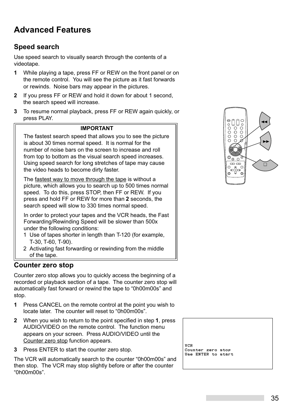 Advanced features, 35 speed search, Counter zero stop | Mitsumi electronic HS-U449 User Manual | Page 37 / 56