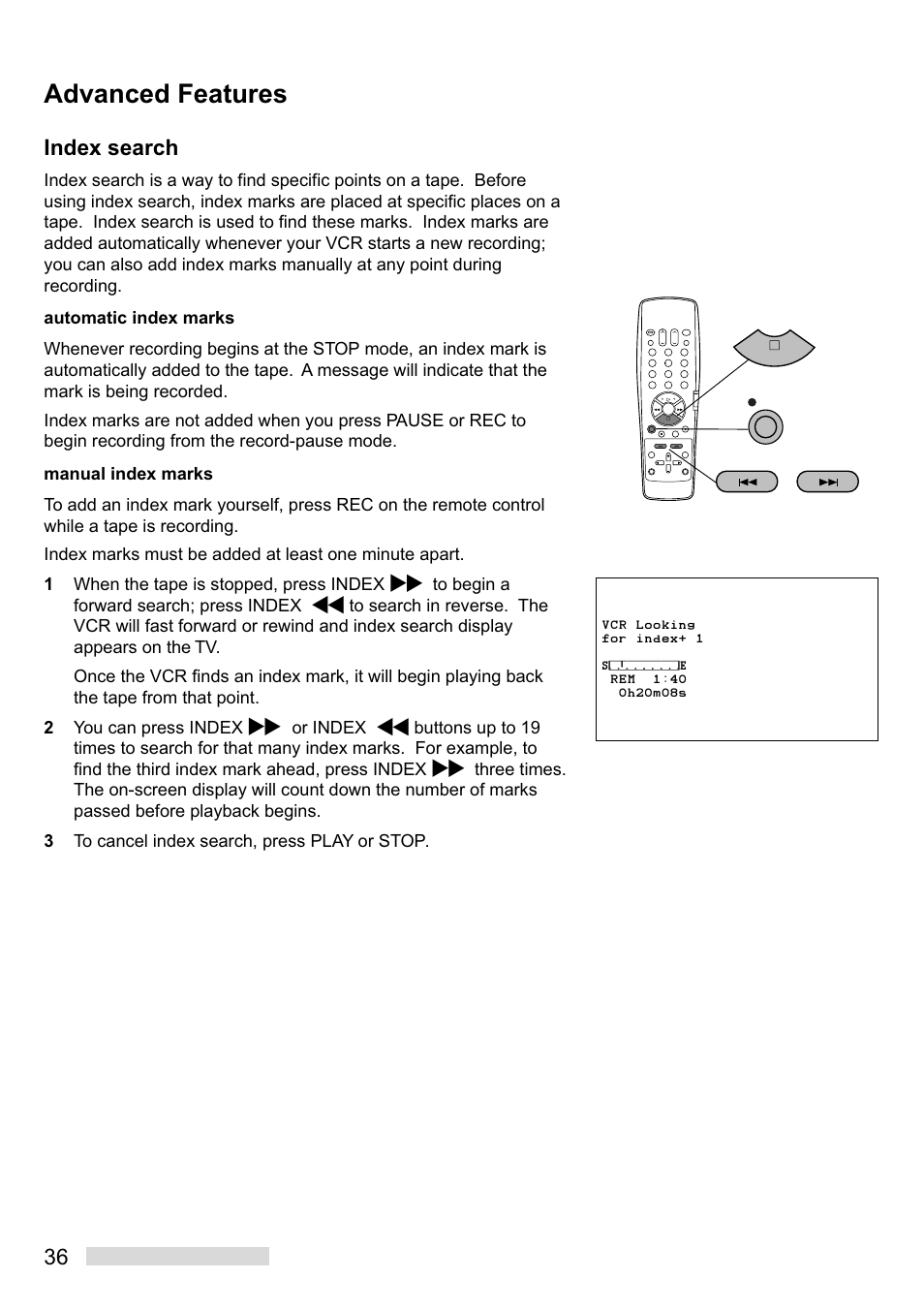 Advanced features, 36 index search | Mitsumi electronic HS-U449 User Manual | Page 38 / 56