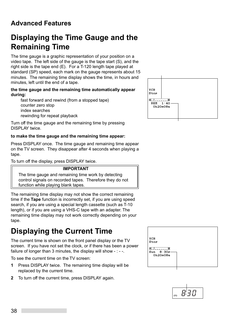 Displaying the time gauge and the remaining time, Displaying the current time, Advanced features | Mitsumi electronic HS-U449 User Manual | Page 40 / 56