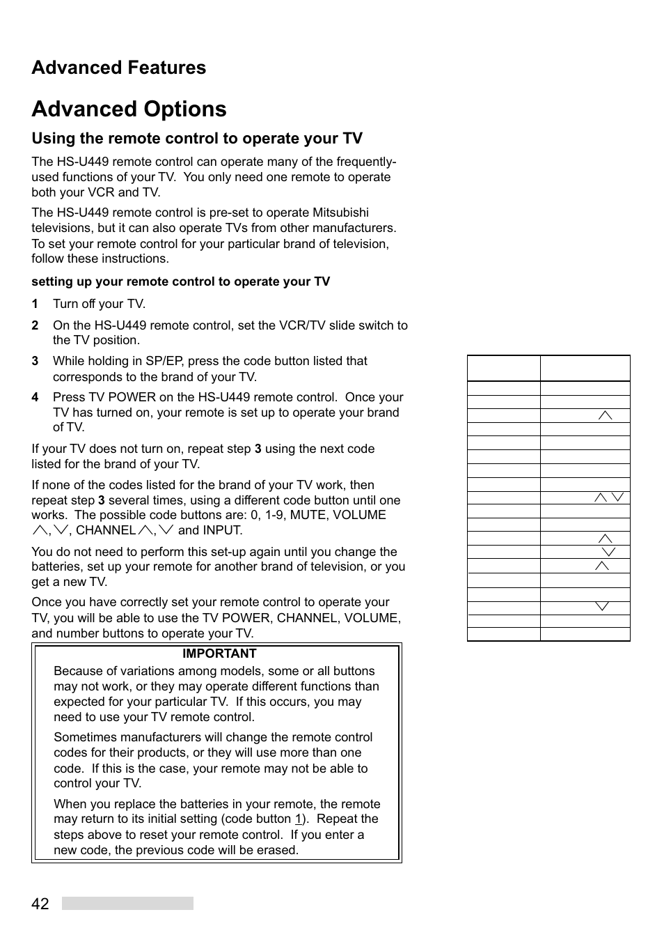 Advanced options, Advanced features, Using the remote control to operate your tv | Mitsumi electronic HS-U449 User Manual | Page 44 / 56