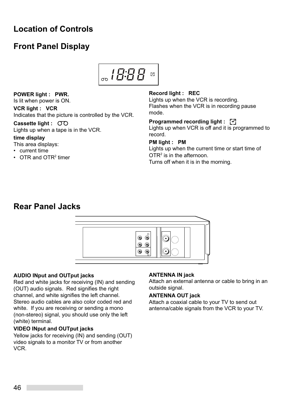 Rear panel jacks, Front panel display location of controls, Timer | Mitsumi electronic HS-U449 User Manual | Page 48 / 56