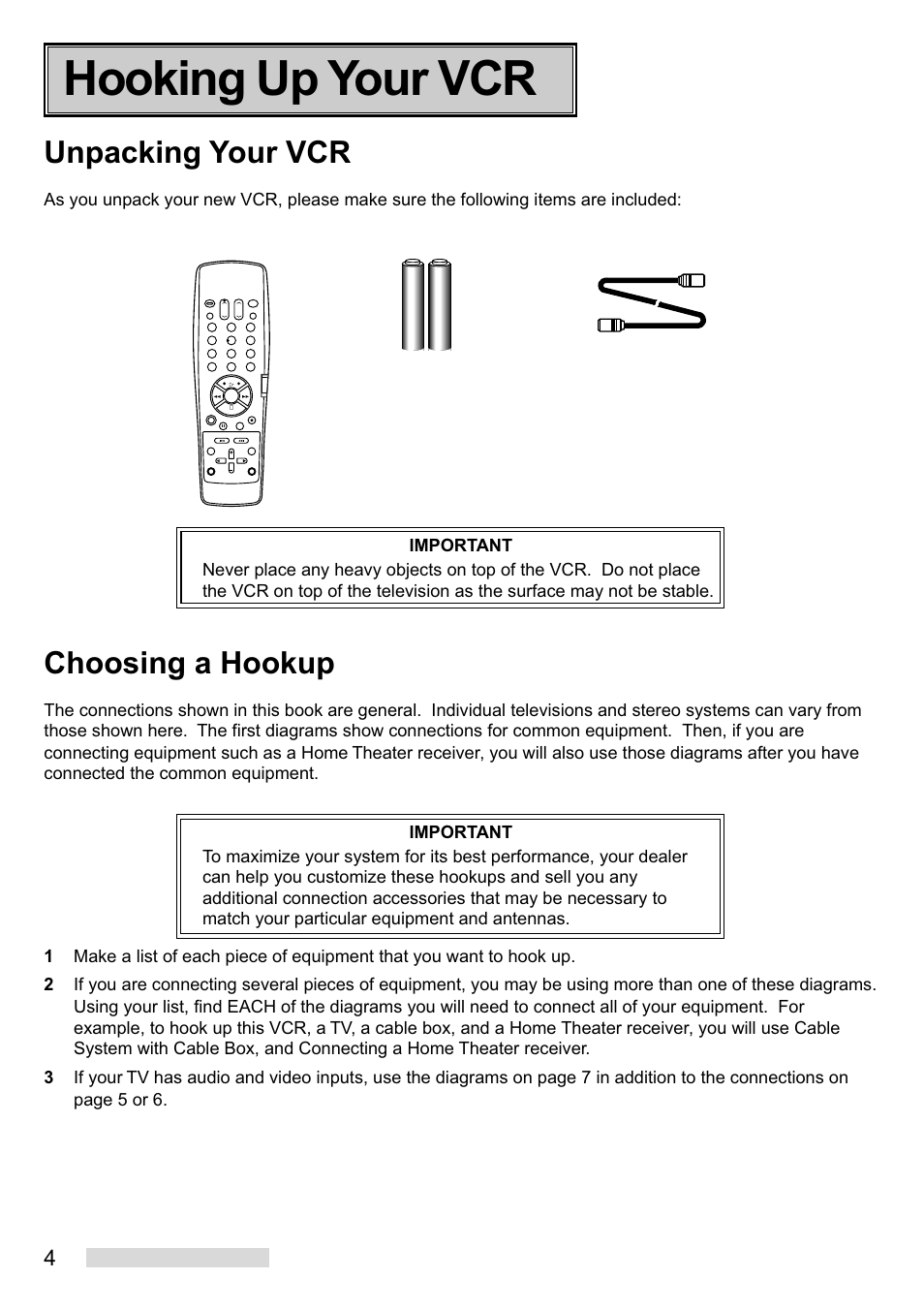 Hooking up your vcr, Unpacking your vcr, Choosing a hookup | Mitsumi electronic HS-U449 User Manual | Page 6 / 56