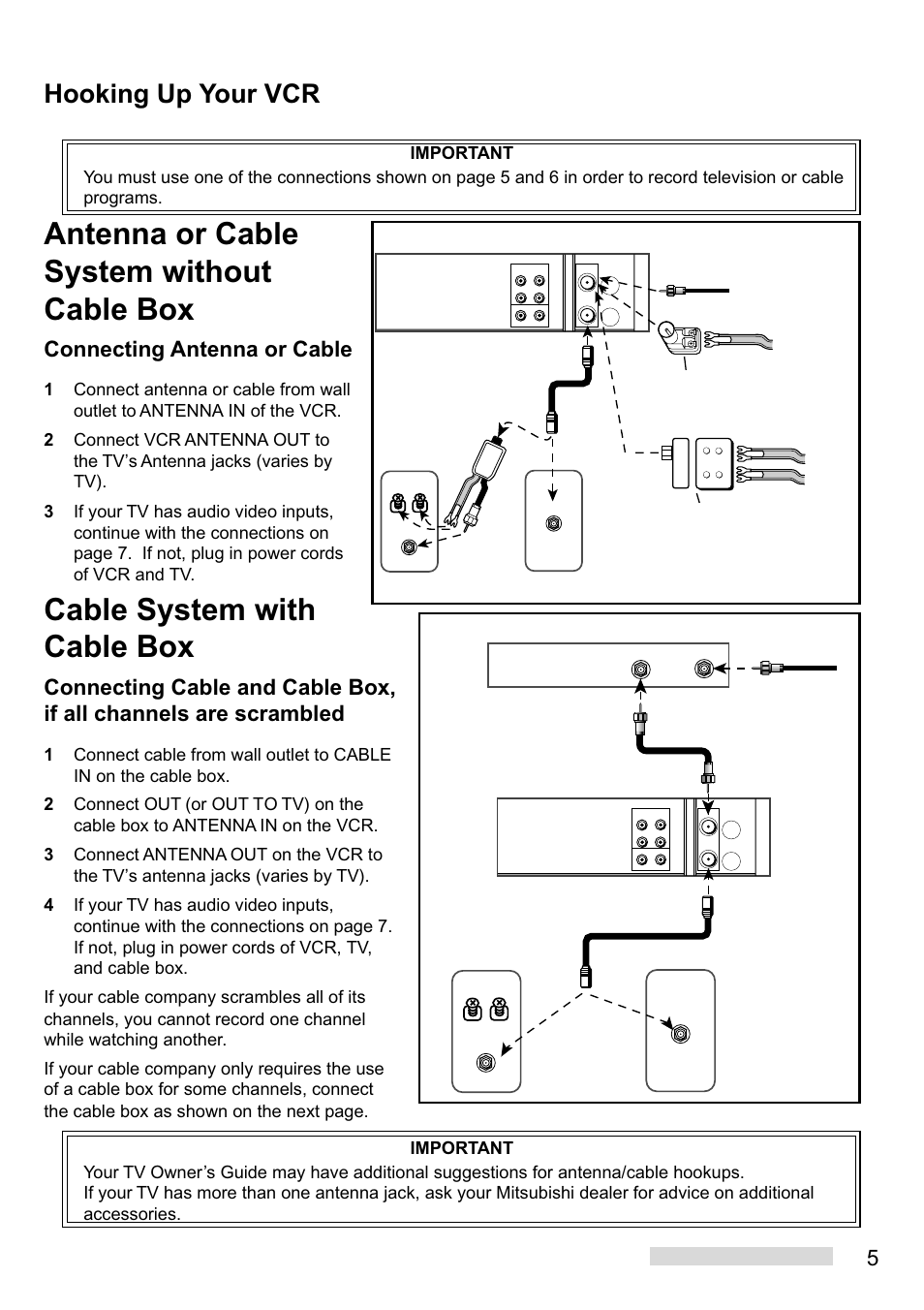 Cable system with cable box, Antenna or cable system without cable box, Hooking up your vcr | Connecting antenna or cable | Mitsumi electronic HS-U449 User Manual | Page 7 / 56