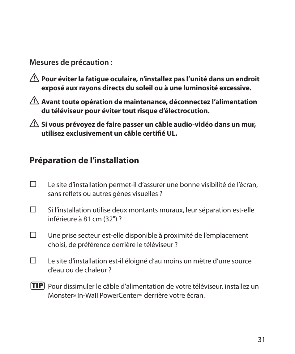 Préparation de l’installation, Mesures de précaution | Monster Power FlatScreen Mount SmartViewTM 200L User Manual | Page 35 / 72