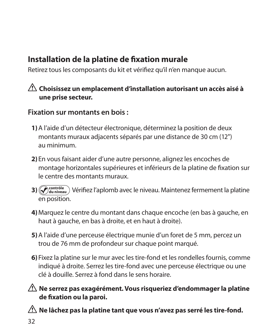 Installation de la platine de ﬁ xation murale | Monster Power FlatScreen Mount SmartViewTM 200L User Manual | Page 36 / 72