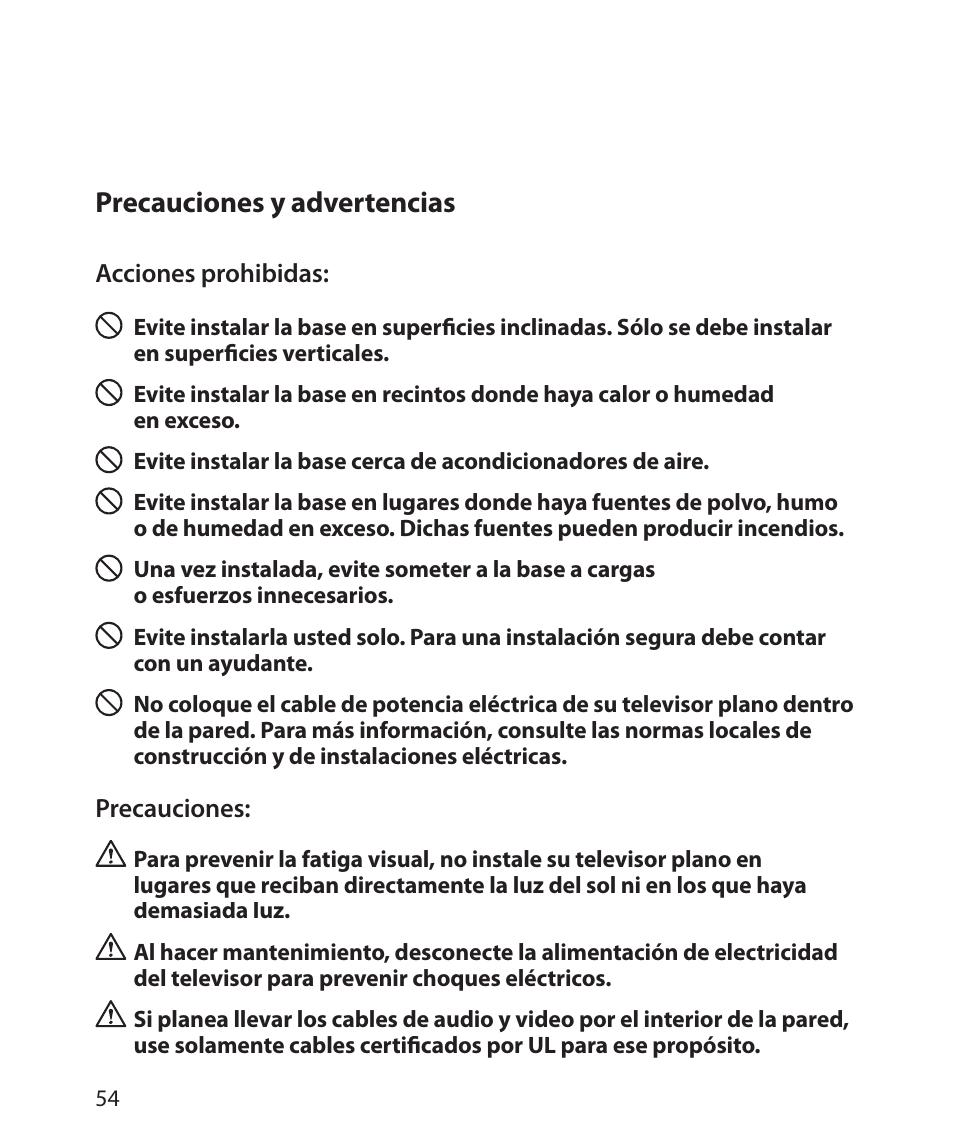 Precauciones y advertencias | Monster Power FlatScreen Mount SmartViewTM 200L User Manual | Page 58 / 72
