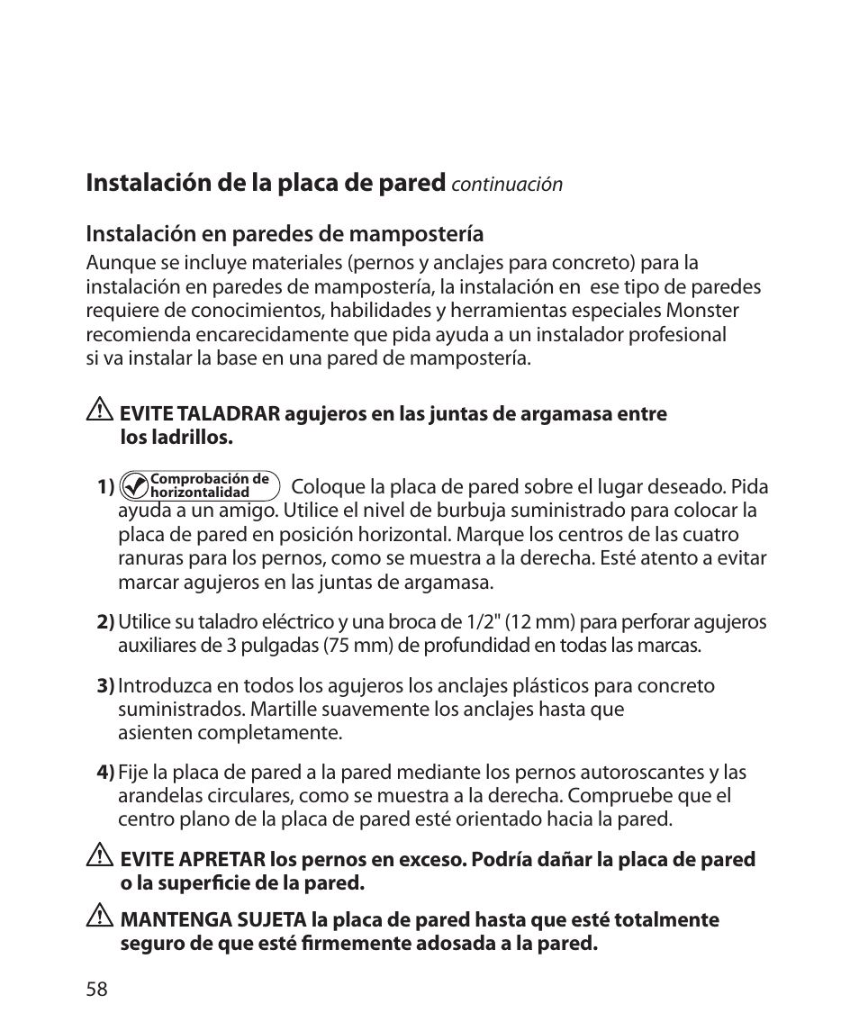 Instalación de la placa de pared | Monster Power FlatScreen Mount SmartViewTM 200L User Manual | Page 62 / 72