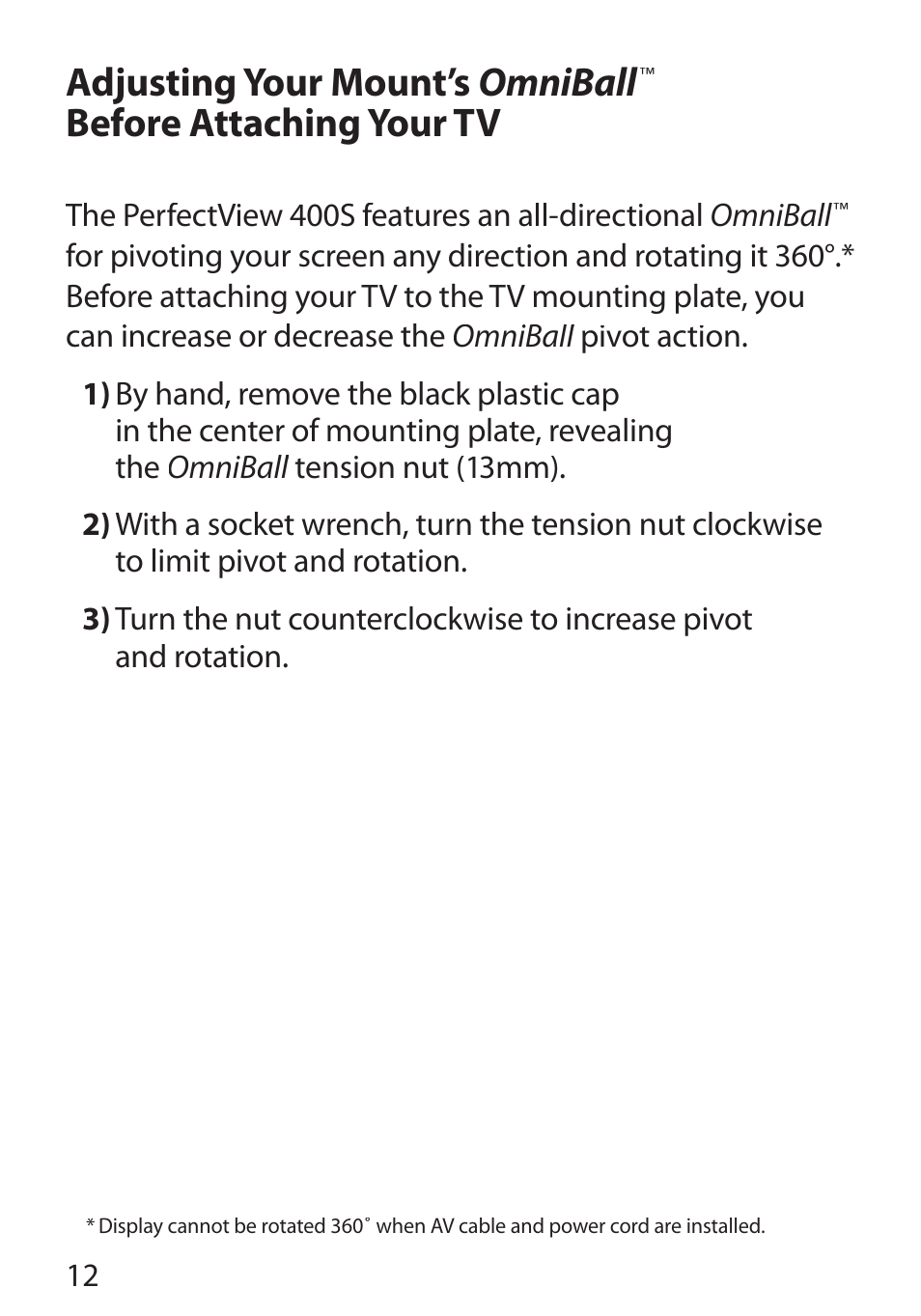 Adjusting your mount’s omniball, Before attaching your tv | Monster Cable PERFECTVIEW 400S User Manual | Page 16 / 72