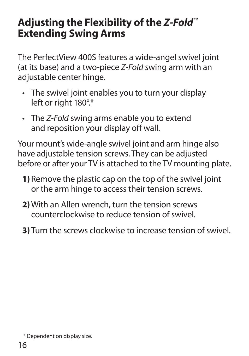 Adjusting the flexibility of the z-fold, Extending swing arms | Monster Cable PERFECTVIEW 400S User Manual | Page 20 / 72