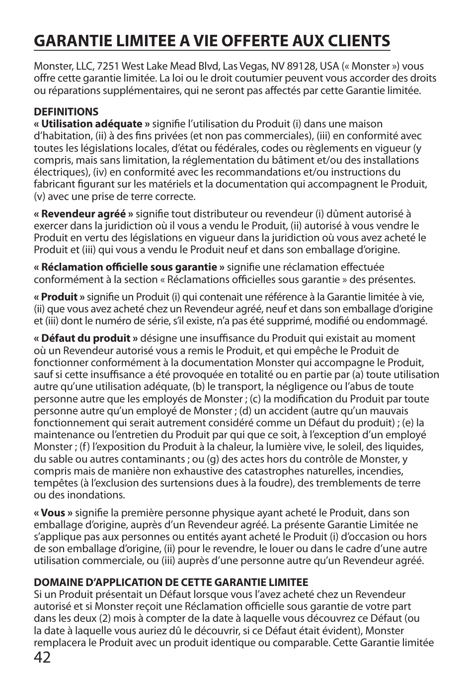 42 garantie limitee a vie offerte aux clients | Monster Cable PERFECTVIEW 400S User Manual | Page 46 / 72