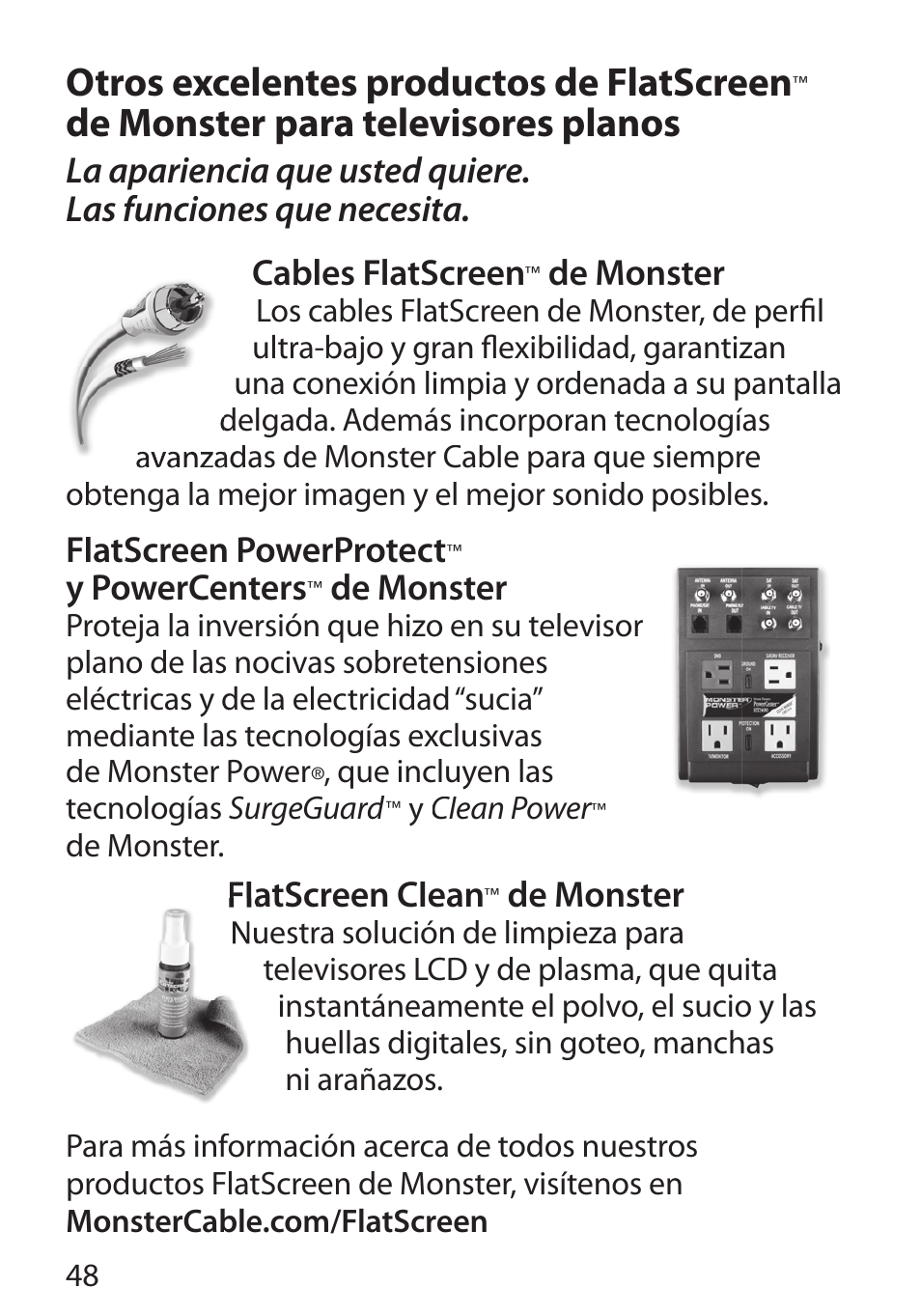 Otros excelentes productos de flatscreen, De monster para televisores planos, De monster | Flatscreen powerprotect, Y powercenters, Flatscreen clean | Monster Cable PERFECTVIEW 400S User Manual | Page 52 / 72