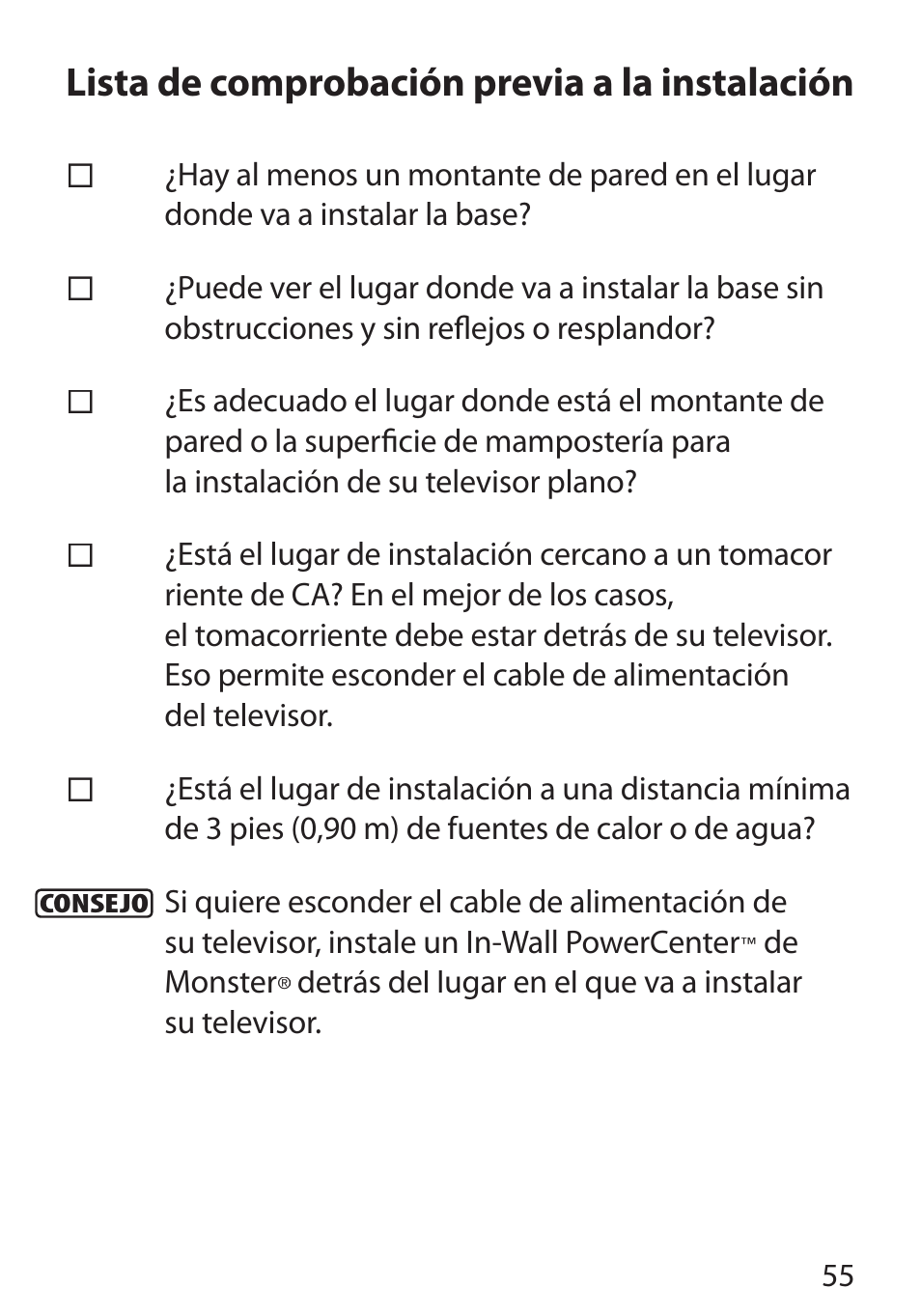 Lista de comprobación previa a la instalación | Monster Cable PERFECTVIEW 400S User Manual | Page 59 / 72