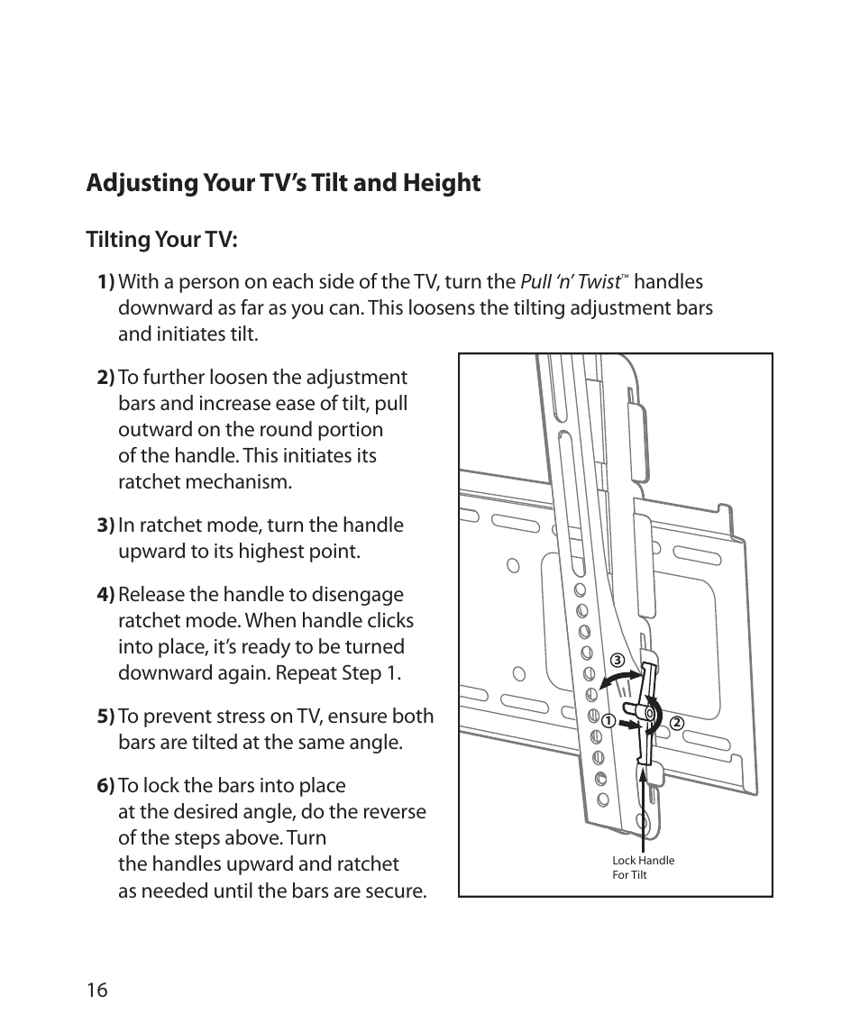 Adjusting your tv’s tilt and height, Tilting your tv | Monster Power FlatScreen Mount SmartViewTM 300M User Manual | Page 20 / 72