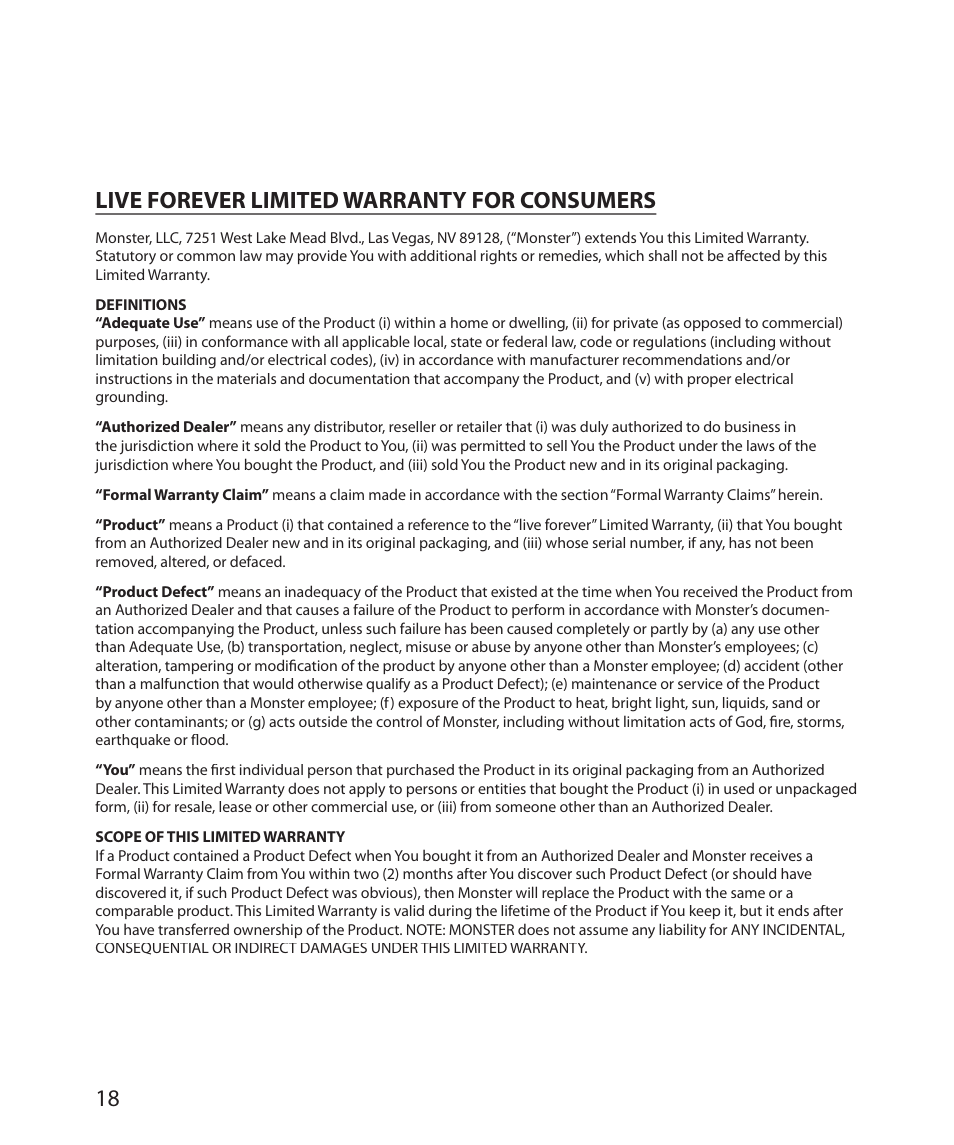 Live forever limited warranty for consumers | Monster Power FlatScreen Mount SmartViewTM 300M User Manual | Page 22 / 72