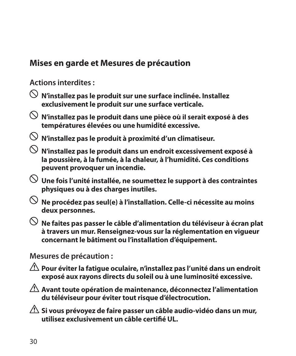 Mises en garde et mesures de précaution | Monster Power FlatScreen Mount SmartViewTM 300M User Manual | Page 34 / 72