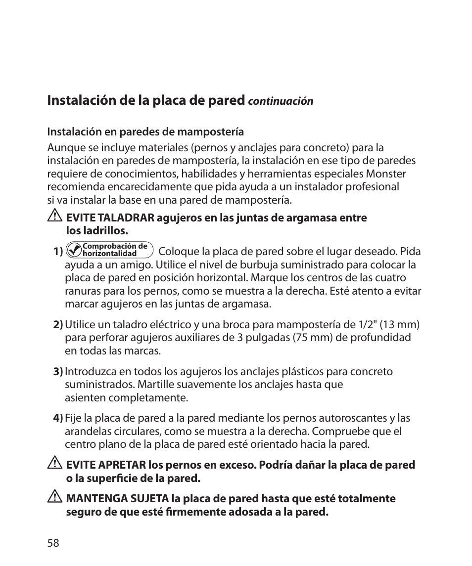 Instalación de la placa de pared | Monster Power FlatScreen Mount SmartViewTM 300M User Manual | Page 62 / 72