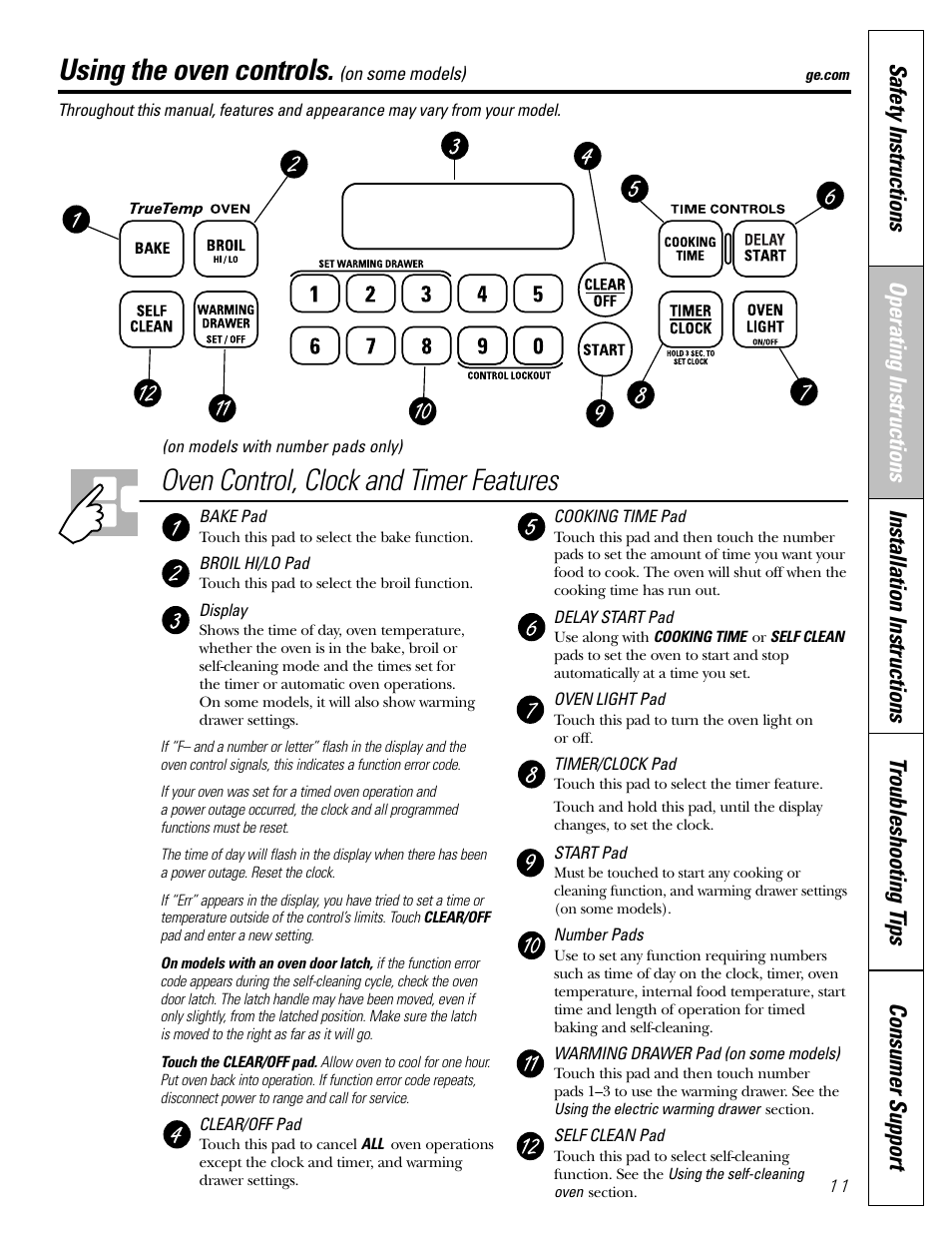 Oven, Oven control, Oven –34 | Oven control , 12, Oven control, clock and timer features, Using the oven controls | Mabe Canada JGB918 User Manual | Page 11 / 64