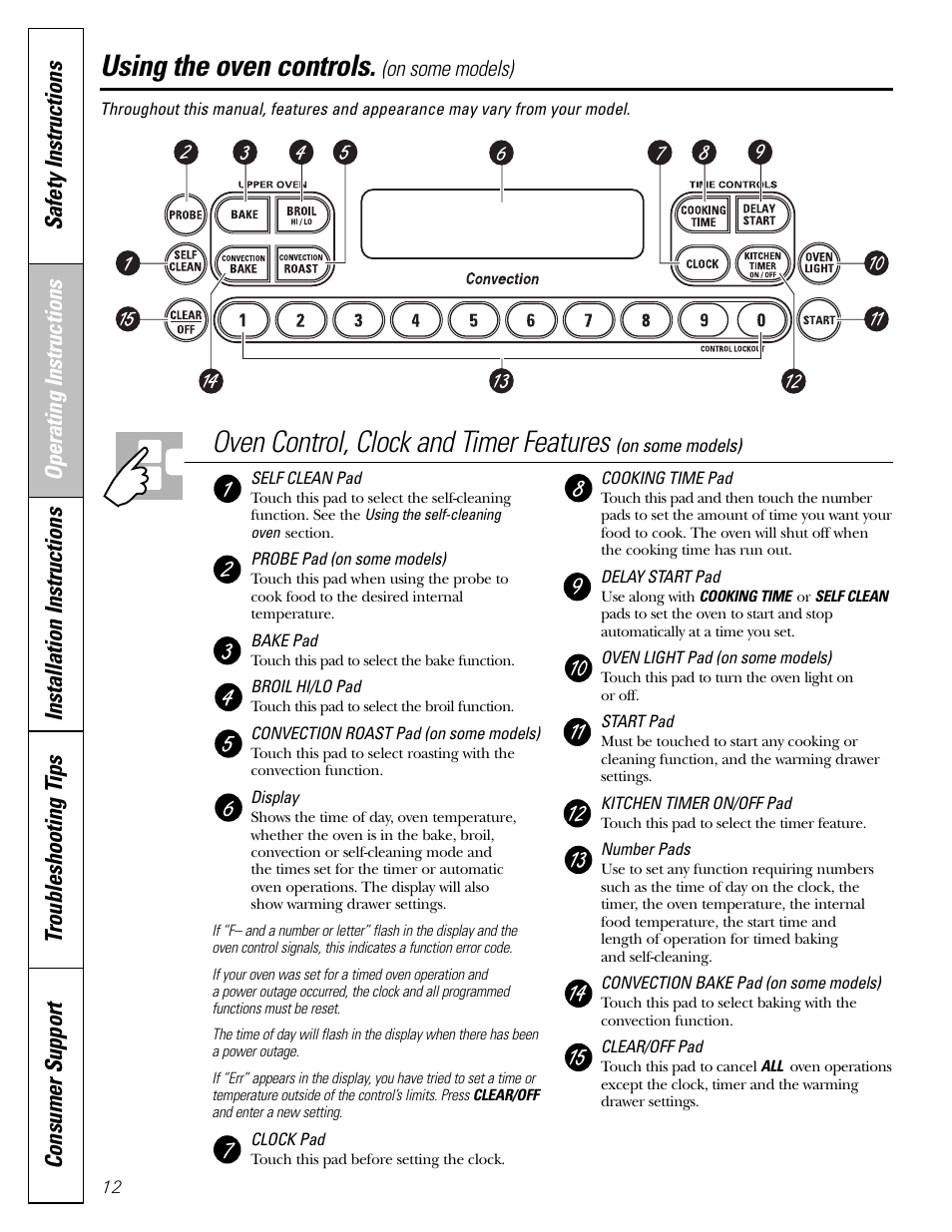 Using the oven controls, Oven control, clock and timer features, Operating instructions | Mabe Canada JGB918 User Manual | Page 12 / 64