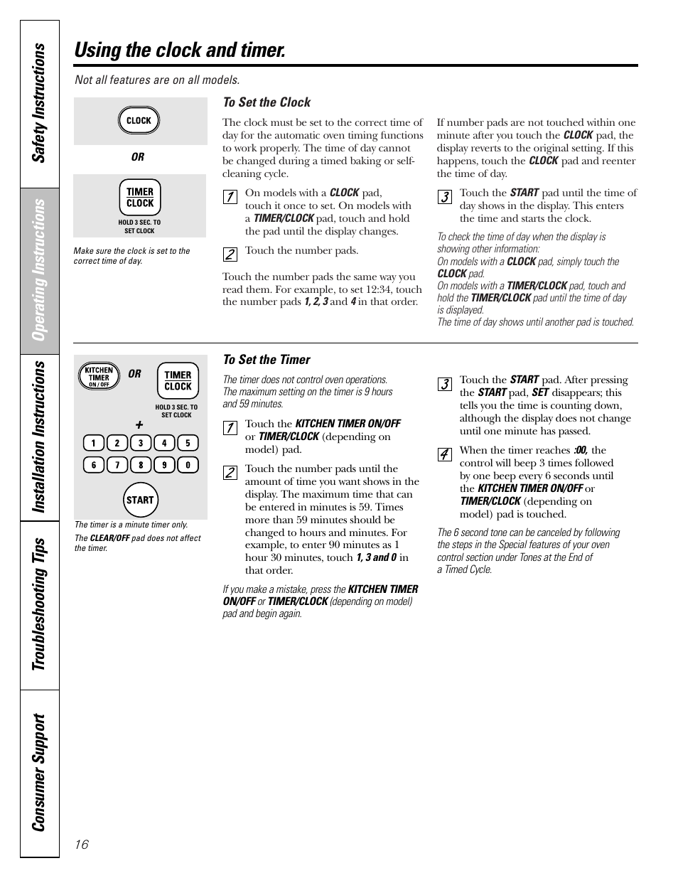 Clock and timer, Clock and timer , 17, Using the clock and timer | Mabe Canada JGB918 User Manual | Page 16 / 64