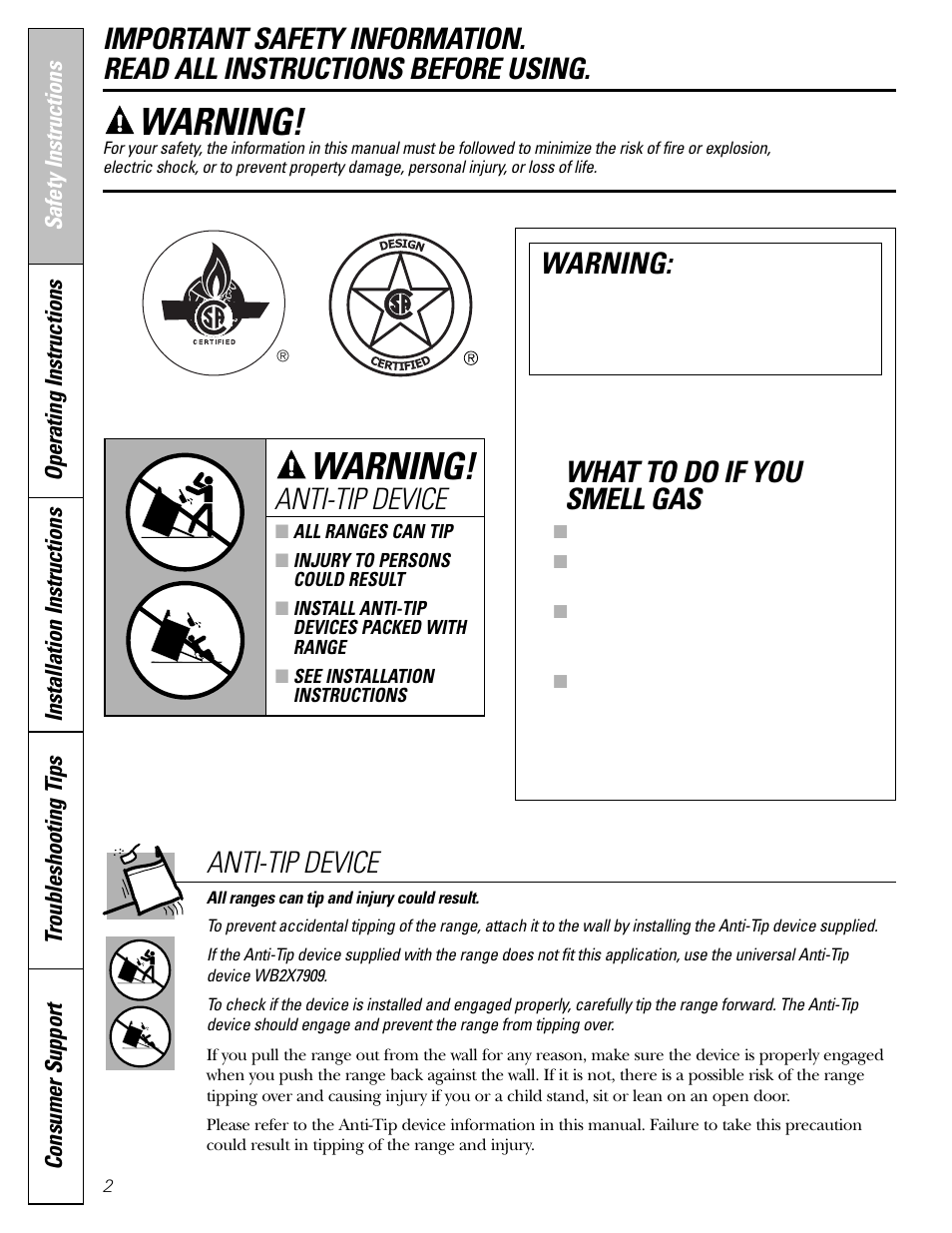 Safety instructions, What to do if you smell gas, Warning | Anti-tip device | Mabe Canada JGB918 User Manual | Page 2 / 64