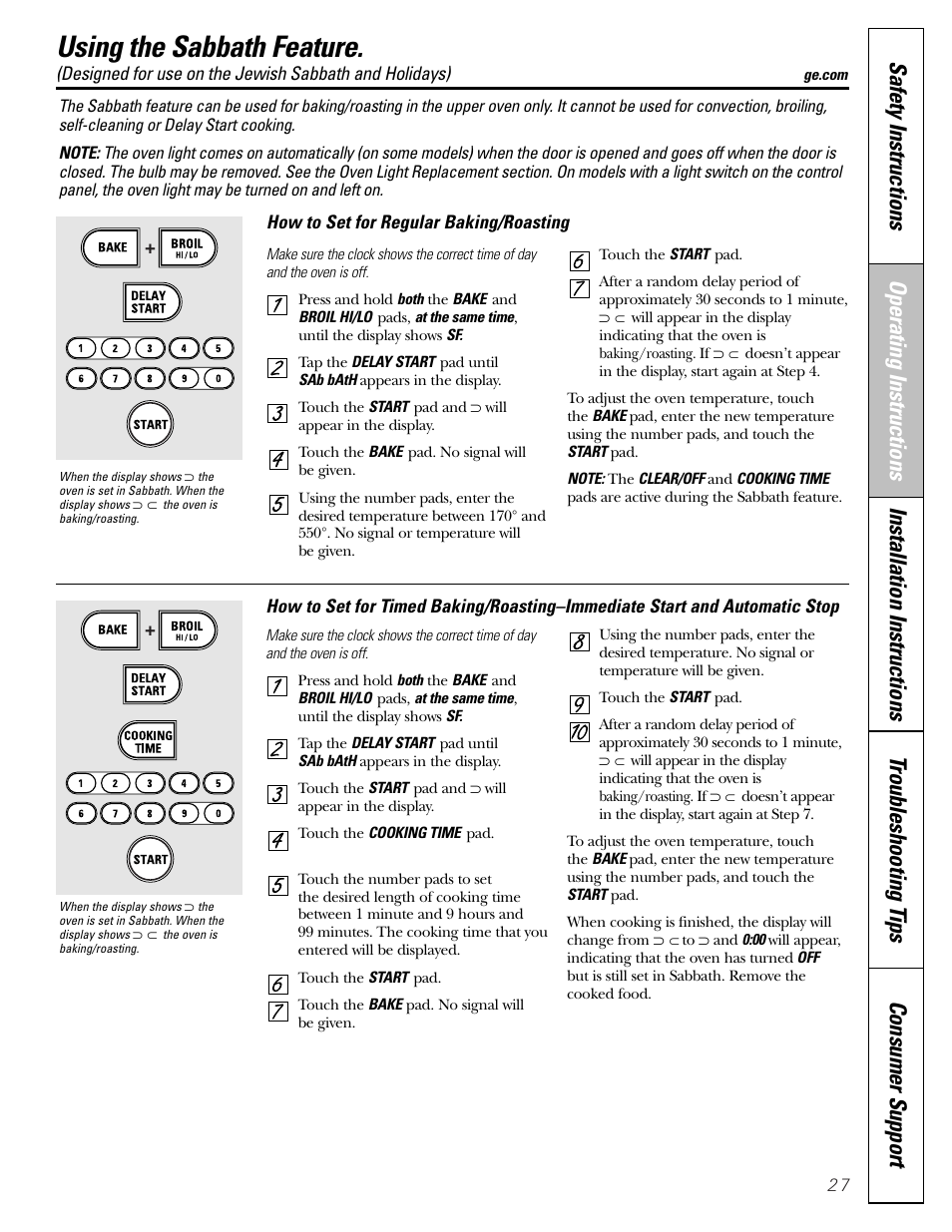 Sabbath feature, Sabbath feature , 28, Using the sabbath feature | Mabe Canada JGB918 User Manual | Page 27 / 64