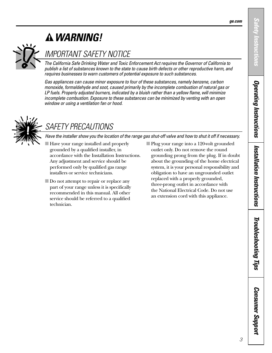 Warning, Safety precautions important safety notice | Mabe Canada JGB918 User Manual | Page 3 / 64