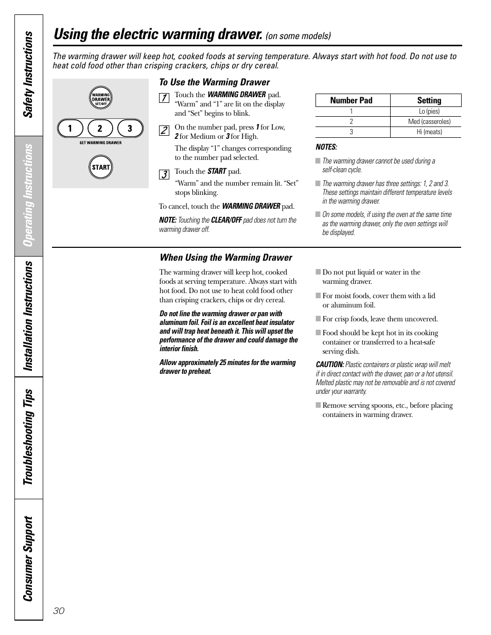 Warming drawer, Warming drawer , 31, Using the electric warming drawer | Mabe Canada JGB918 User Manual | Page 30 / 64