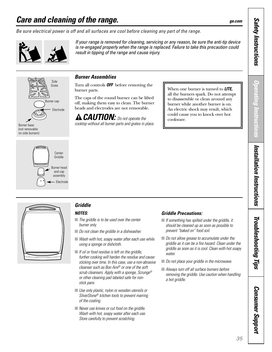 Burner assembly, Griddle, Burner assembly , 36 | Care and cleaning of the range, Caution | Mabe Canada JGB918 User Manual | Page 35 / 64