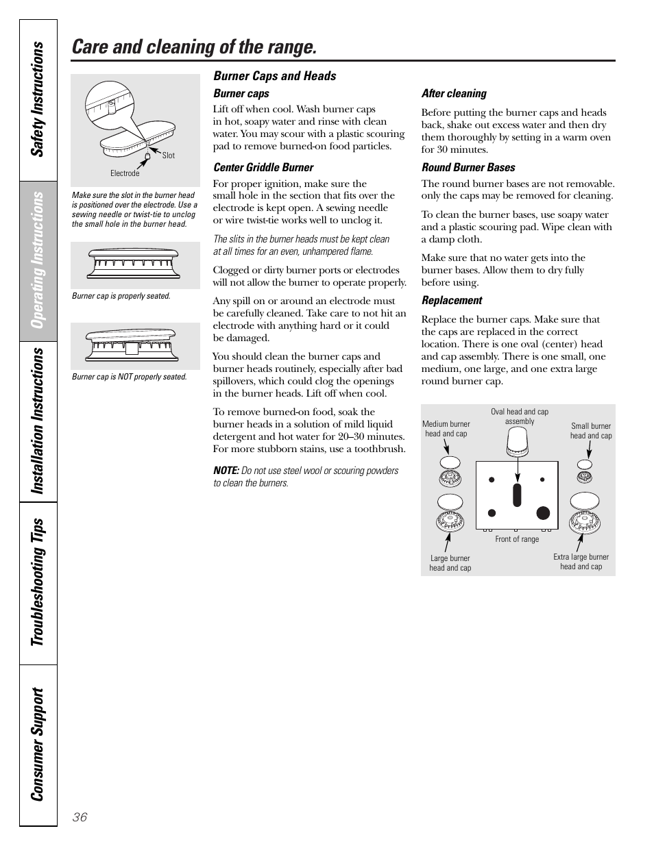 Care and cleaning of the range | Mabe Canada JGB918 User Manual | Page 36 / 64