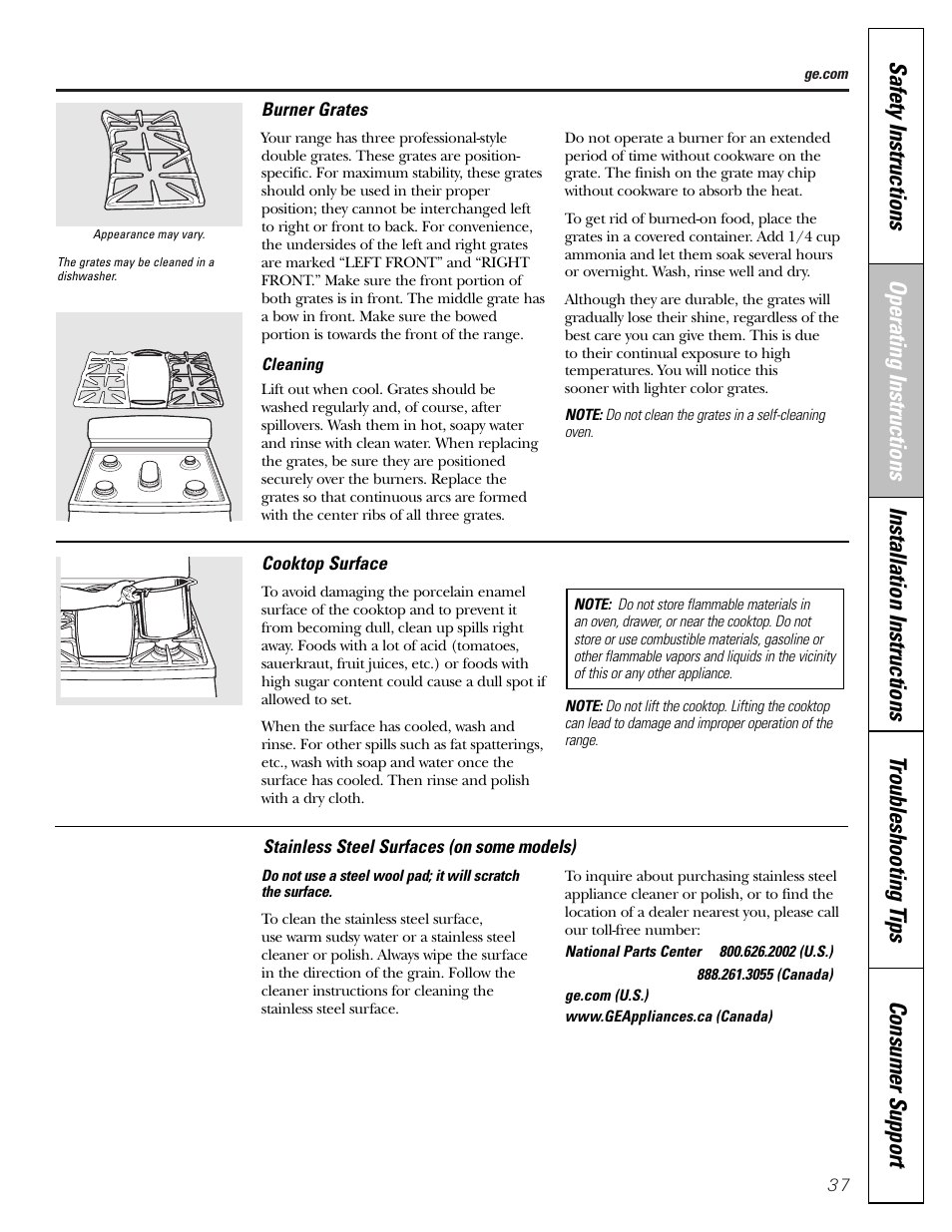Burner grates, Cooktop, Oven vents | Stainless steel surfaces | Mabe Canada JGB918 User Manual | Page 37 / 64