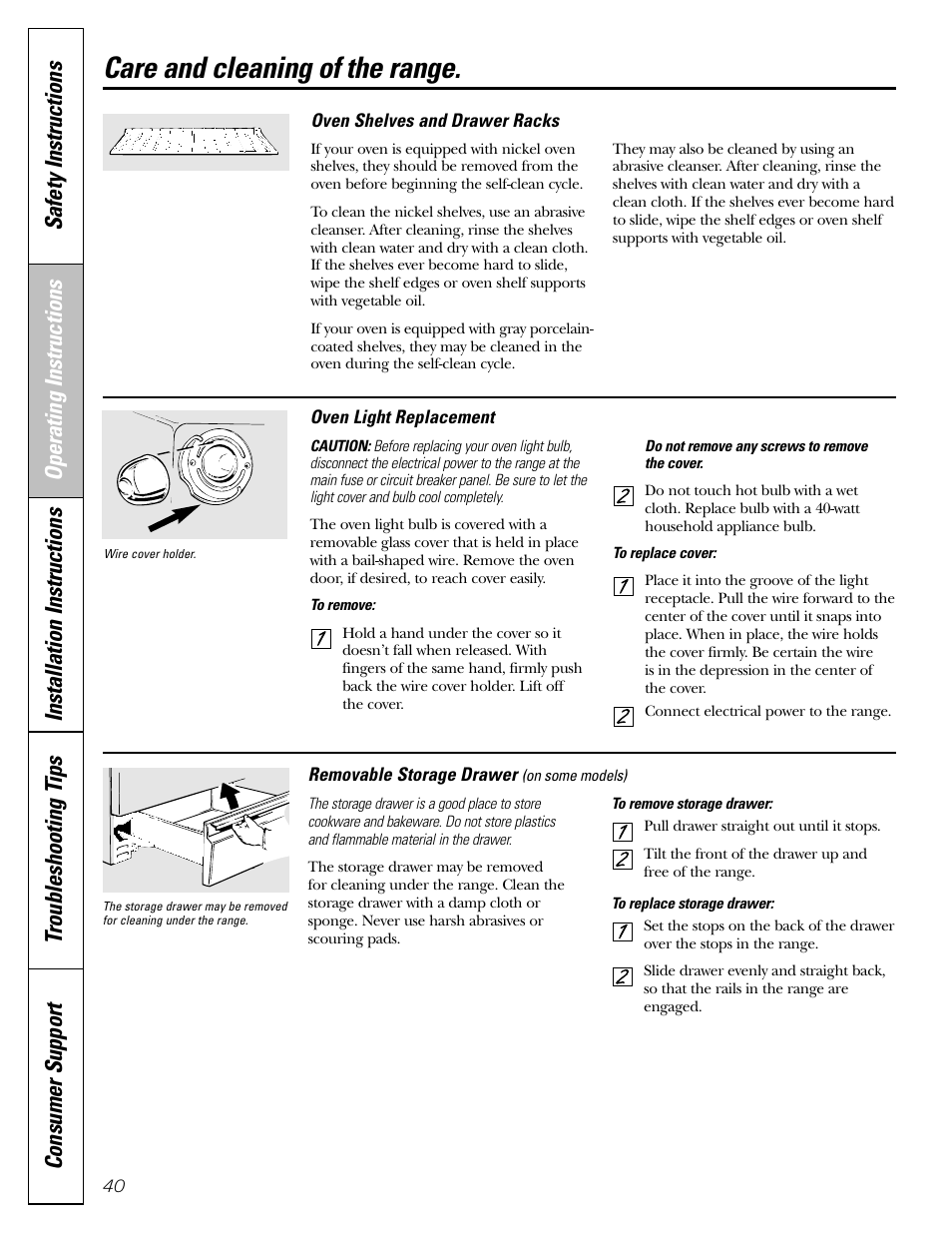 Oven light replacement, Shelves, Drawer | Drawer , 41, Care and cleaning of the range | Mabe Canada JGB918 User Manual | Page 40 / 64