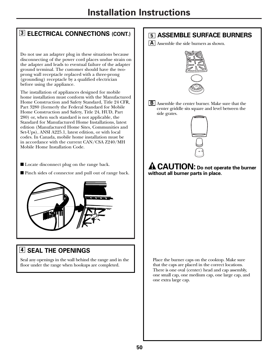 Assemble surface burners, Installation instructions, Caution | Mabe Canada JGB918 User Manual | Page 50 / 64