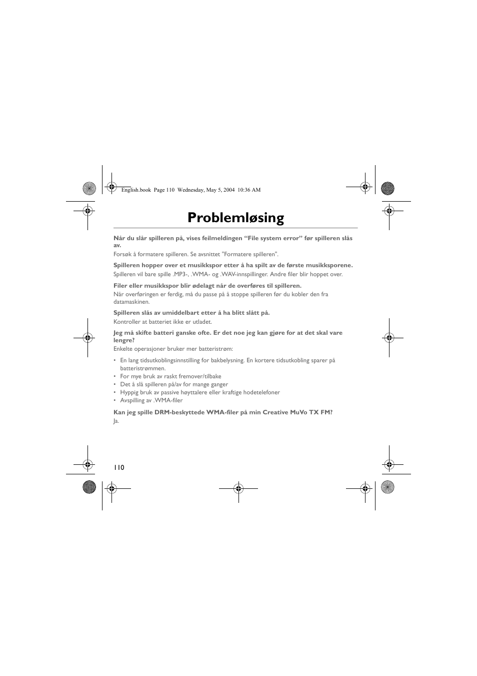 Problemløsing | Musica CD Player User Manual | Page 110 / 184